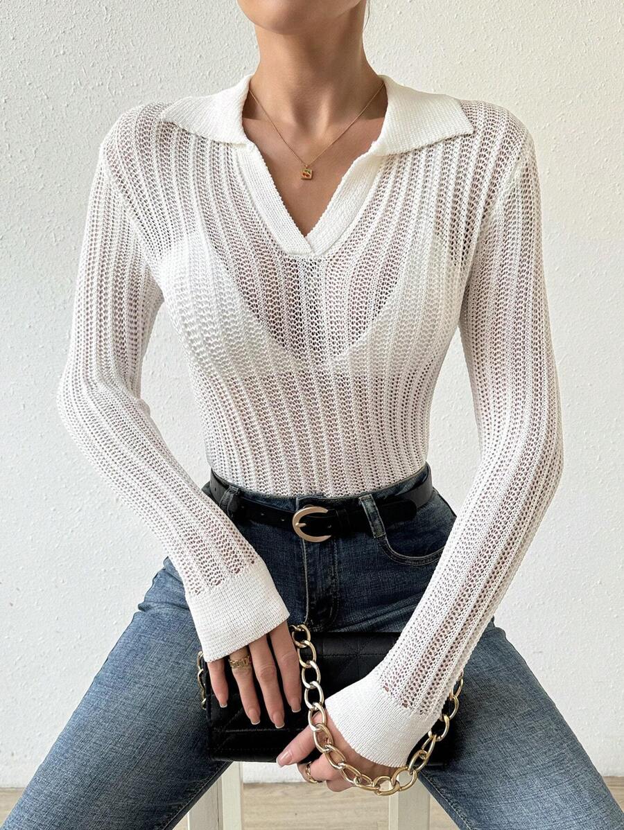 Chiquease Women's Hollow Out Knitted Sweater With Turn-Down Collar  Fall Winter Outfit - White - View 1