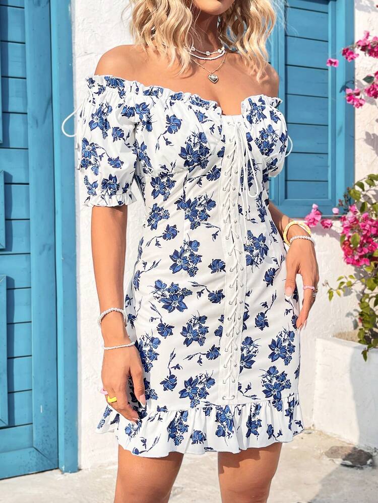 Women's Floral Printed Off Shoulder Criss Cross Belted Dress