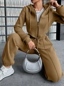 RueChic Women's Zipper Front Hooded Sweatshirt And Pants Set - Apricot - View 6