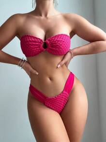 SHEIN Swim Conjunto de bikini de dos piezas texturizado de unicolor, verano en la playa para San Valentín - Rosa Fucsia - Ver 1