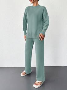 RueChic Solid Drop Shoulder Sweater & Knit Pants