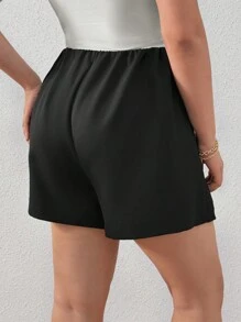 SHEIN Privé 大碼女性優雅不對稱襯裙式、金屬鈕扣雙排裝飾、彈性腰帶短裙 - 黑色 - 查看 2