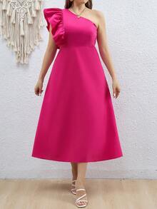 Celure 大尺碼純色不對稱領口荷葉邊裙 - 玫紅色 - 查看 4