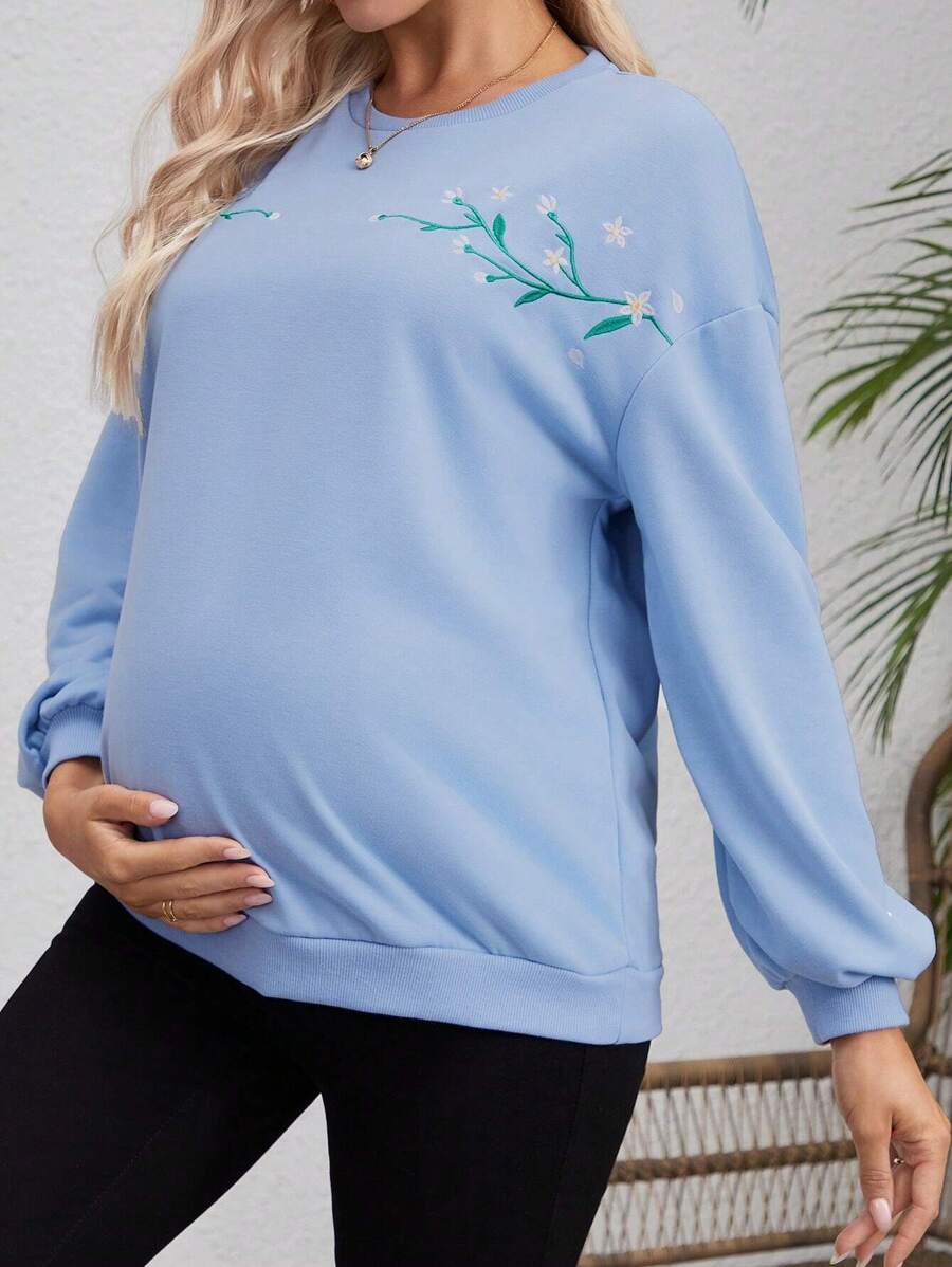 SHEIN Áo nỉ thêu hoa cho bà bầu dùng khi chơi thể thao, cho mùa đông - Màu xanh lam - Xem 1