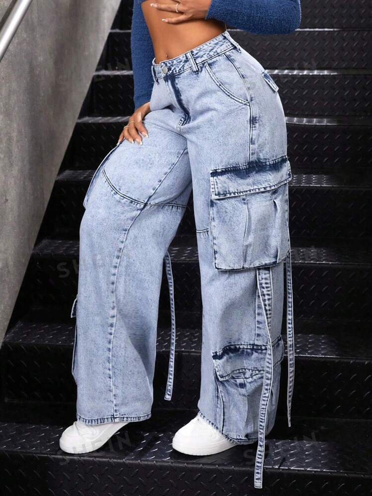 SHEIN ICON Women s Water Washed Cargo Jeans SHEIN