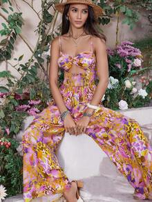 Rusttydustty 女士隨機印花抽空露背連身褲 - 紫色 - 查看 8