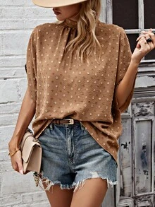 SHEIN LUNE 女士立領蝙蝠袖提花襯衫 - 卡其色 - 查看 4