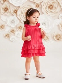 SHEIN Baby Girls' Sweet And Casual Sleeveless Floral 3d Detail Dress With Pleated And Ruffle Hem