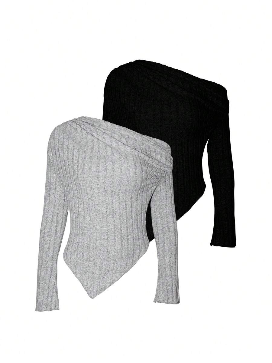 SHEIN Privé 2件/套 女式斜肩寬羅紋t卹 - 彩色 - 查看 1