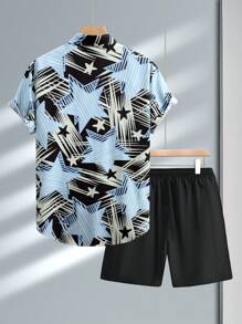 Manfinity Homme Plus Size Men'S Star Pattern Printed Short Sleeve Shirt And Shorts Set - Black - View 2