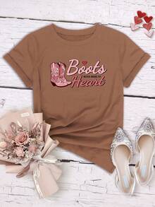 SHEIN Qutie 踏板字母印花短袖圓領t恤 - 棕色 - 查看 1