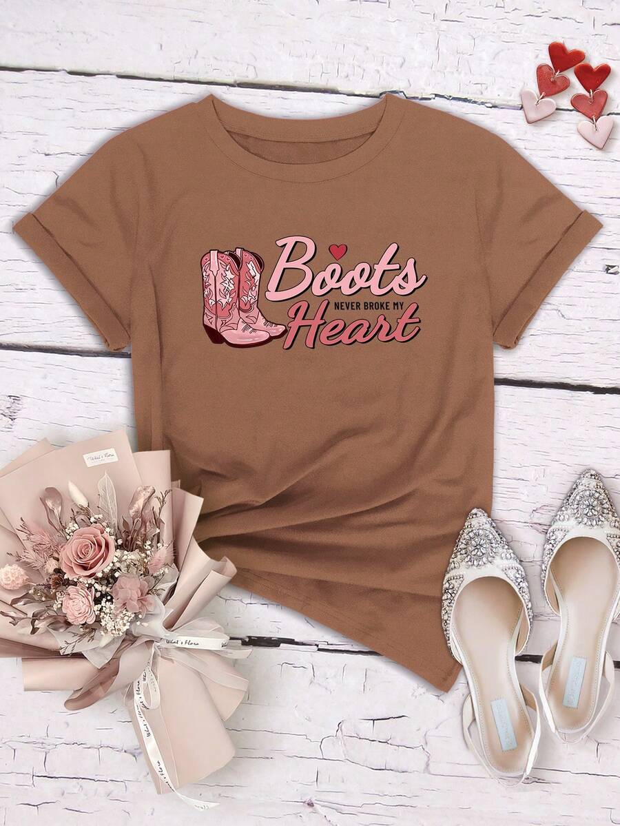 SHEIN Qutie 踏板字母印花短袖圓領t恤 - 棕色 - 查看 1