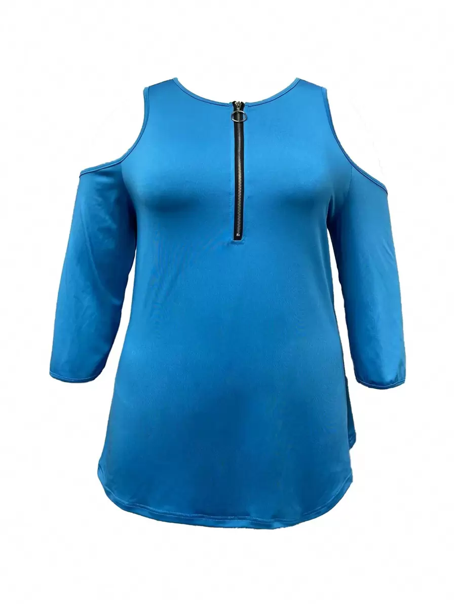 SHEIN LUNE Plus Size Hollow Out Shoulder Zipper Half-Open Collar T-Shirt - Blue - View 1