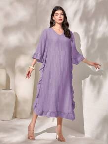 Seusyu 女款 V 領撞色荷葉邊下擺拼布連身裙