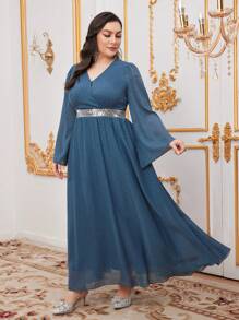 Modelyn Plus Size Women's Sparkly Waist Patchwork Bell Sleeve Dress - Dusty Blue - View 5