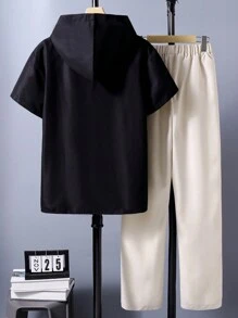 Teen Boys' Casual Hooded Shirt And Pants Set With Cool Design - Multicolor - View 2