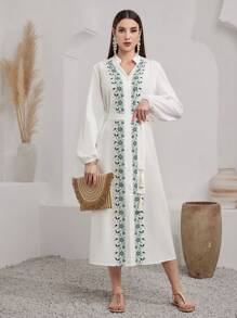 Al Najma Women'S Floral Printed Lantern Sleeve Single-Breasted Dress - White - View 1