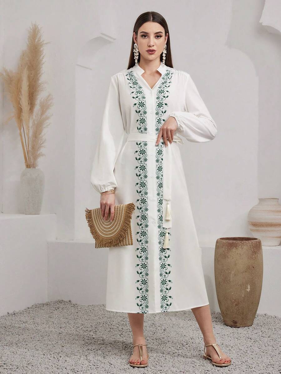 Al Najma Women'S Floral Printed Lantern Sleeve Single-Breasted Dress - White - View 1