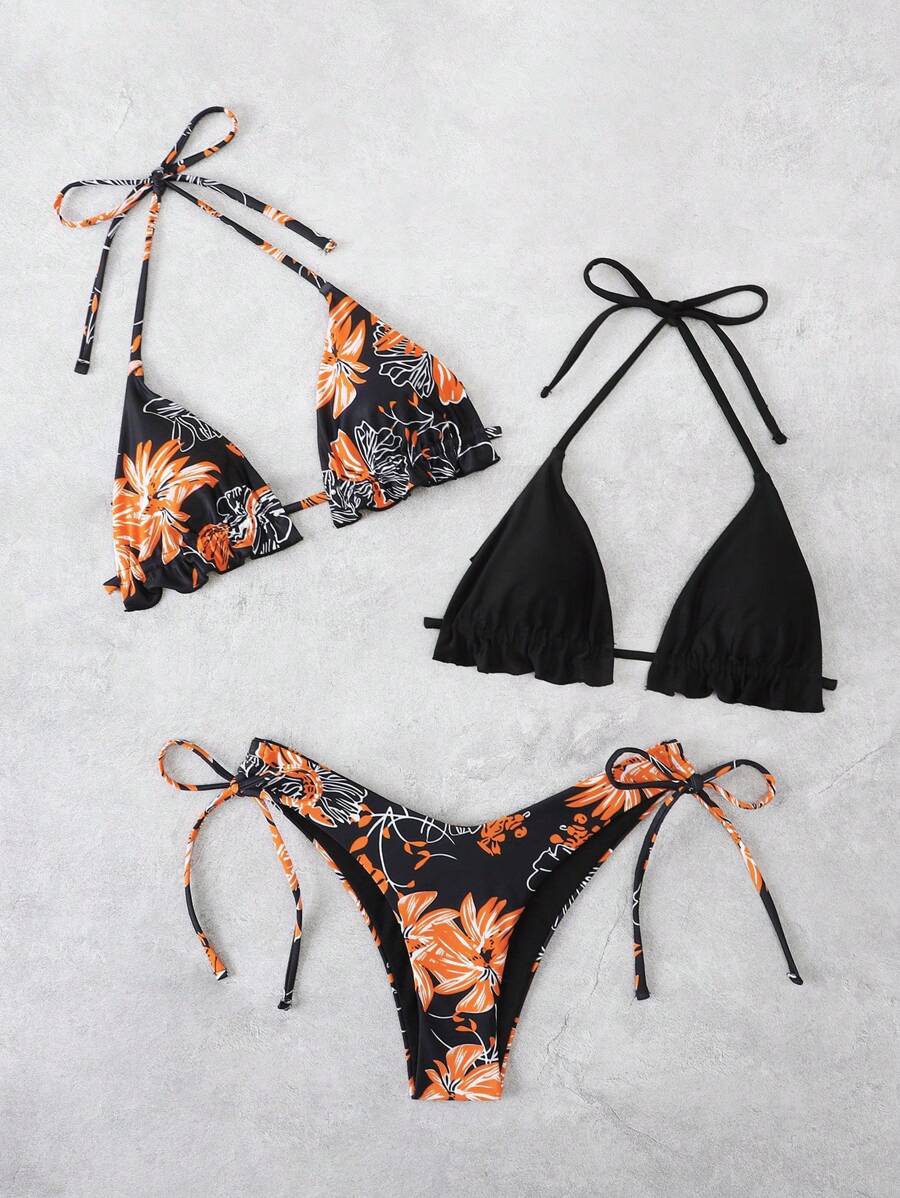 SHEIN Swim Summer Beach 3pcs/Set Floral Print Separable Bikini Set - Orange - View 1