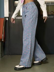 Y2K Street drăguț cu imprimeu floral cu talie înaltă buzunare înclinate Blugi largi cu picioare drepte Pantaloni casual de zi cu zi din denim - Albastru - Vizualizare 5