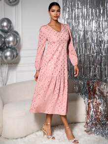 Allurite 褶皺荷葉邊細節圓點印花燈籠洋裝 - 粉色 - 查看 3