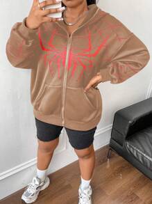 Flirla 大碼女士蜘蛛印花全拉鍊連帽衫