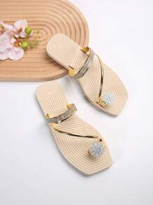 夏季海灘假期必備,附有向日葵裝飾帶的eva扁平涼鞋 - 金色 - 查看 3