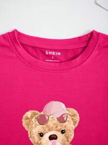 SHEIN Camiseta de mujer con cuello redondo y estampado de osos, camiseta gráfica para mujer, tops de camisetas gráficas para mujeres - Rosa Fucsia - Ver 4