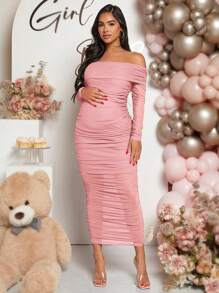 Loomaby Maternity Off Shoulder Ruched Bodycon Dress With Long Sleeve, For Baby Shower - Pink - View 3