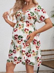 SHEIN 熱帶印花v領孕婦蝙蝠袖短裙 - 白色 - 查看 4