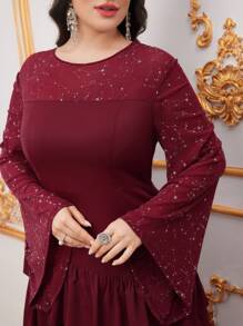 Modelyn Burgundy Red Plus Size Round Neck Multi-Layered Ruffle Hem Dress With Flounced Sleeves, Belt Not Included Long Evening Dresses - Burgundy - View 7