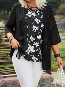 EMERY ROSE 大尺碼花卉印花拼接2合1襯衫 - 黑色 - 查看 5