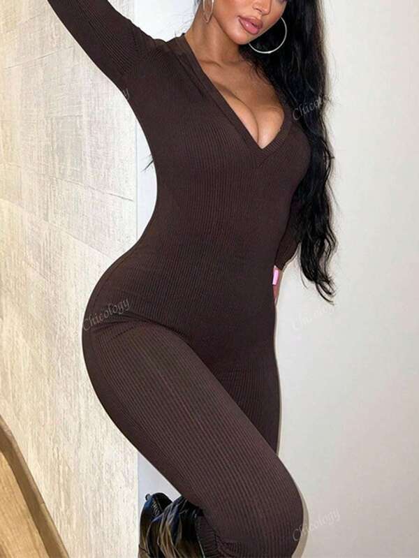 Mono de mujer de unicolor con cuello en V y mangas largas acanalado, estilo casual y ajustado para primavera/verano