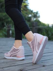 Fall/Winter Women's Solid Color Mesh Sneakers, Lace Up Patent Leather Decor Heightening Sporty Trainers, Versatile Breathable Comfy Shoes - Pink - View 4