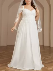 SHEIN Belle Elegancka i romantyczna suknia ślubna w dużym rozmiarze z koronki, haftu, nadruku kwiatowego i szyfonu z dużym rozkloszowanym dołem, ramiączkami spaghetti i bezrękawnikiem w dużym rozmiarze w kolorze białym - Biały - Zobacz 3