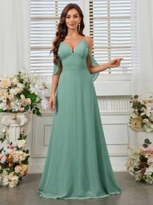 SHEIN Belle Elegant, Romantic And Elegant Women's Spring Wedding Season Spaghetti Straps High Waist Ruffle Sleeves Green Chiffon A-Shaped Umbrella Hem St. Patrick's Day Holiday Season Bridesmaid Dress