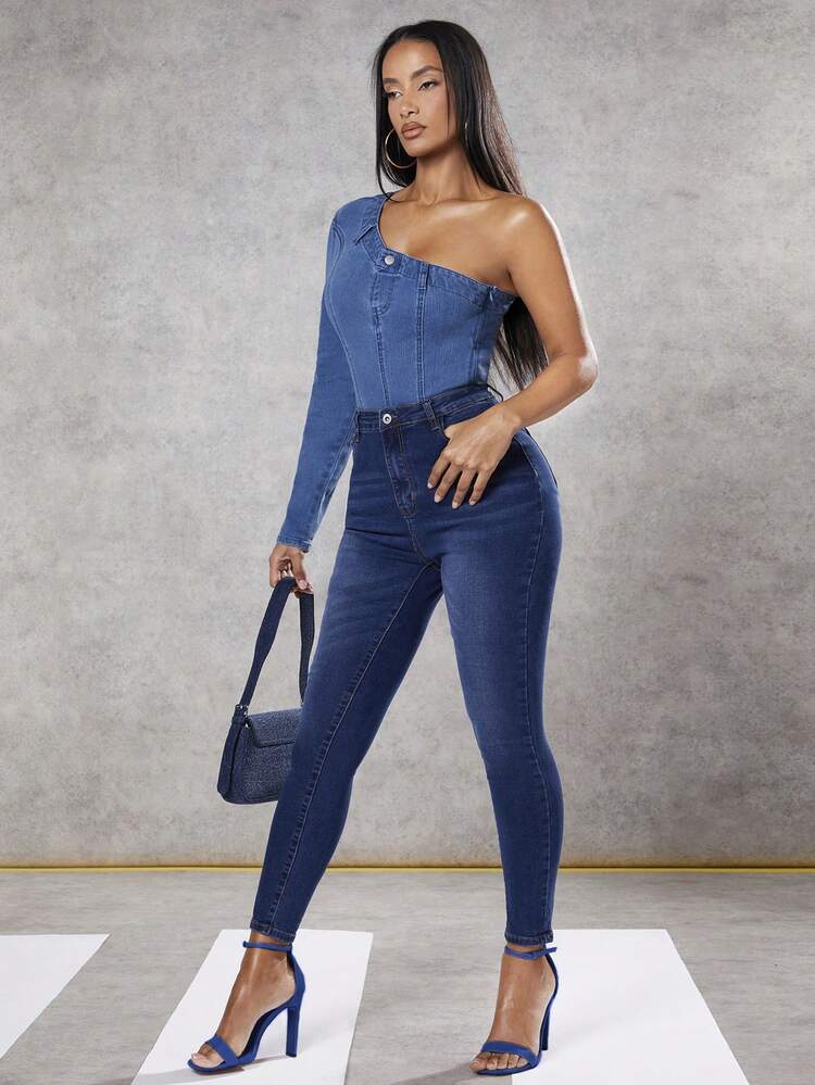 Blue Denim One Shoulder Long Sleeve Jumpsuit