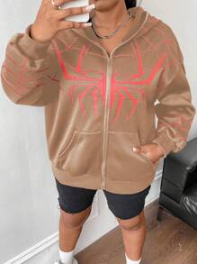 Flirla 大碼女士蜘蛛印花全拉鍊連帽衫