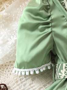 Baby Girl Green Satin Geometric Pattern Print Patchwork Lace Dress With Bag Belt - Multicolor - View 6