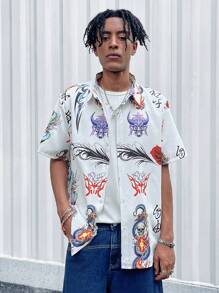 ROMWE MEN Anime Camisa De Manga Corta Para Hombres Con Estampado De Dragón Y Calavera - Blanco - Ver 5