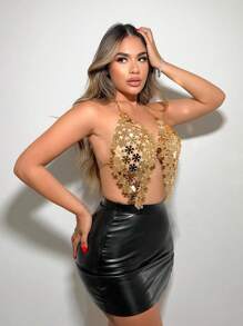 SHEIN SXY Áo hở lưng hở vai có thể điều chỉnh kim loại cao cấp lấp lánh gợi cảm cho tiệc đêm bất đối xứng của phụ nữ ngày lễ tình nhân - Vàng - Xem 6