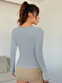 SHEIN EZwear 女士編織拼接蕾絲修身t恤 - 霧霾藍 - 查看 2