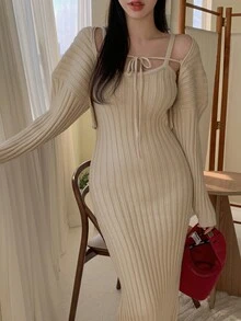 DAZY Của phụ nữ Màu thuần Dệt kim gân sọc Đầm Áo len - Màu be - Xem 4