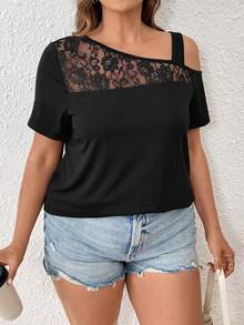 SHEIN LUNE Kích thước lớn Bất đối xứng Đường viền cổ áo Áo thun Với Chèn Lace - màu đen - Xem 7