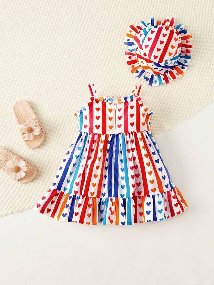 Baby Girls' Casual Heart Striped Patterened Sundress With Hat Set