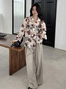 DAZY Camisa De Manga Larga Holgada Con Estampado Floral Para Mujer Con Cuello Vuelto Y Botones - Marrón - Ver 6
