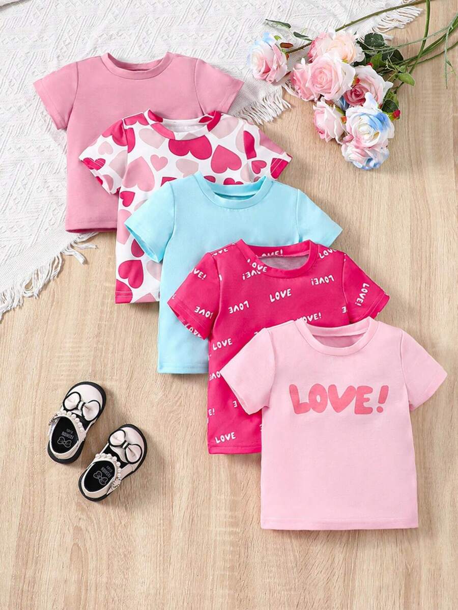 SHEIN 女嬰休閒舒適可愛字母印花四件式上衣 - 彩色 - 查看 1