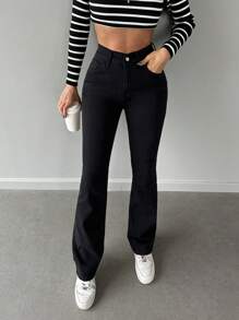 EURMUSE 96% Cotton Women Casual Solid High Waist Flare Leg Jeans - Black - View 6