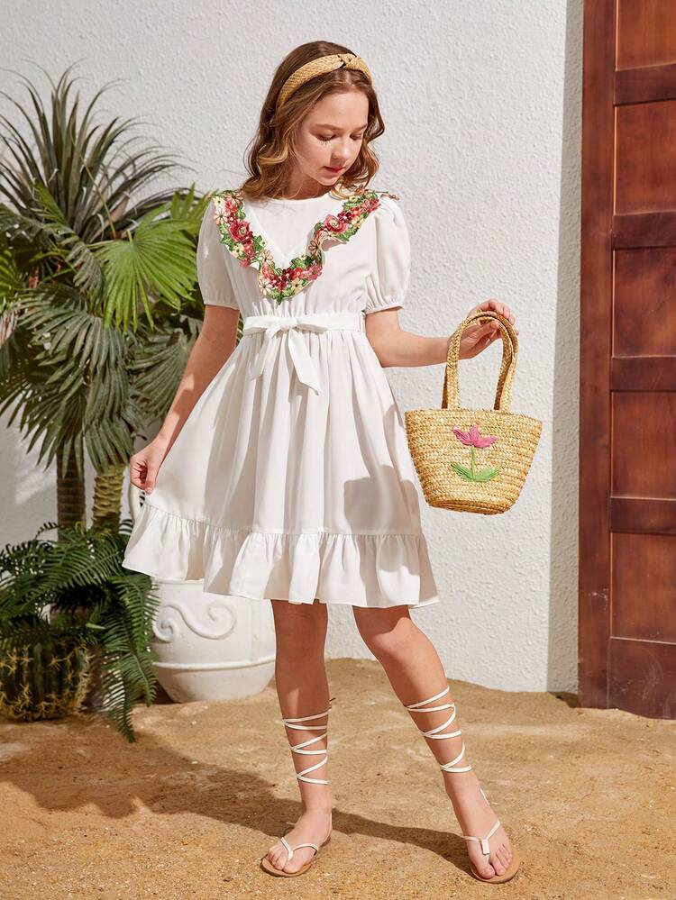 Tween Girls' Woven Embroidery Patchwork Floral Lace And Ruffle Trim Casual Dress