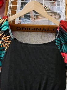 少女復古花朵蕾絲短袖植物印花假日連衣裙 - 黑色 - 查看 3